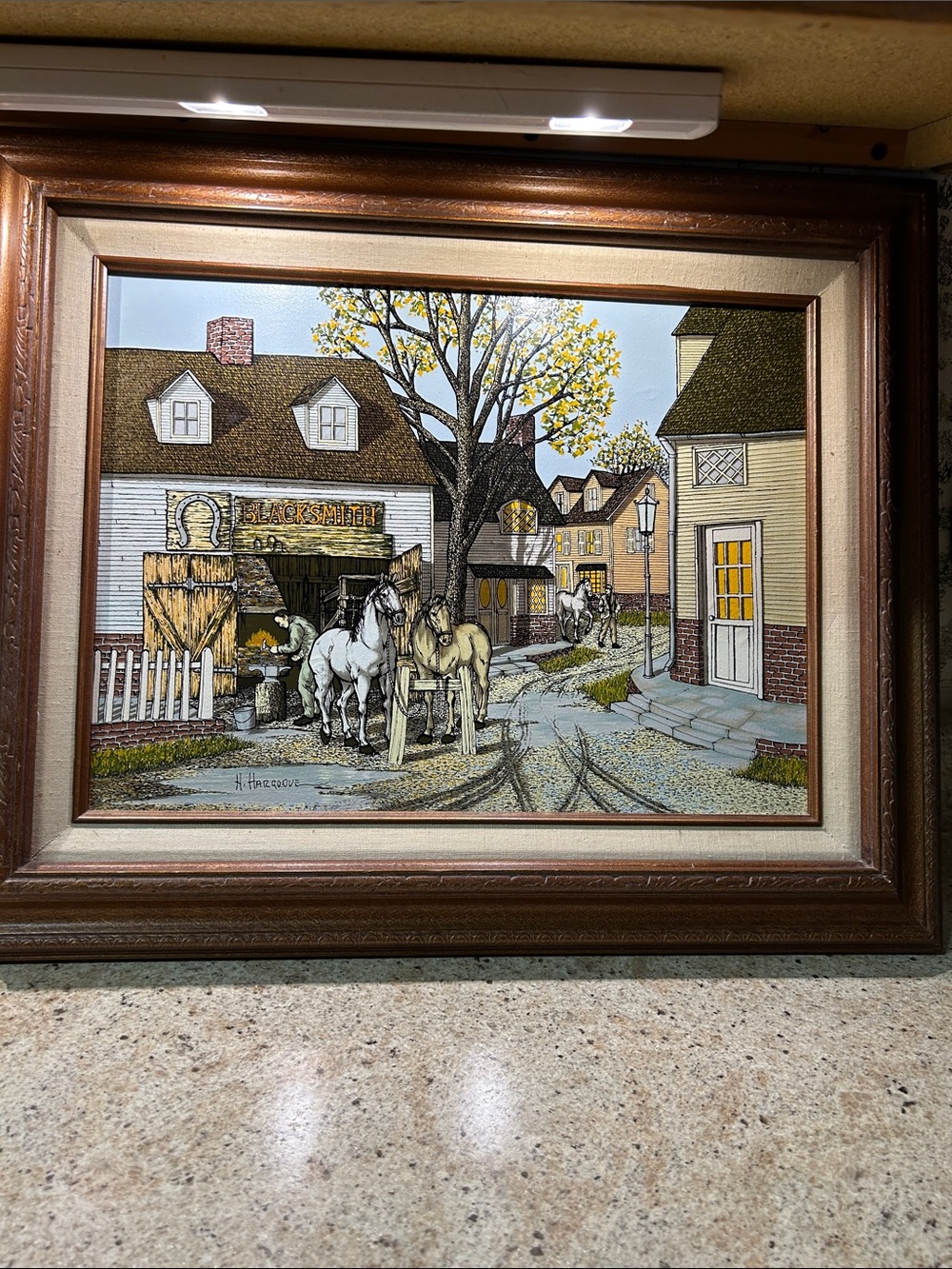 Framed Village Blacksmith Scene Wall Art - Brown Frame, Multi-Color Print